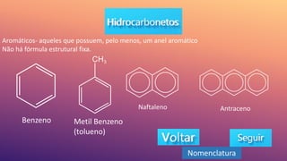 Aromáticos- aqueles que possuem, pelo menos, um anel aromático
Não há fórmula estrutural fixa.
Benzeno Metil Benzeno
(tolueno)
Naftaleno Antraceno
Nomenclatura
 
