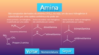 São compostos derivados da amônia (𝑁𝐻3), ou seja, um de seus hidrogênios é
substituído por uma cadeia carbônica ela pode ser:
Amina primária- um hidrogênio
é substituído por uma cadeia
Amina secundária- dois hidrogênios
são substituídos por cadeias
Amina terciária- todos os hidrogênios
são substituídos por cadeias
Etanamina (etilamina)
Propan-2-amina
dimetilamina
etilmetilamina
trimetilamina
etildimetilamina
Nomenclatura
 