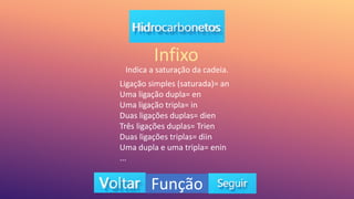 Infixo
Indica a saturação da cadeia.
Ligação simples (saturada)= an
Uma ligação dupla= en
Uma ligação tripla= in
Duas ligações duplas= dien
Três ligações duplas= Trien
Duas ligações triplas= diin
Uma dupla e uma tripla= enin
...
Função
 