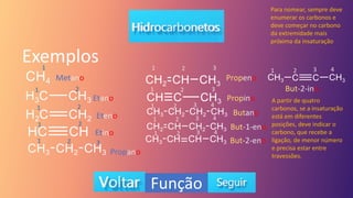 Exemplos
1
Metano
1 2
Etano
Eteno
1 2
Etino
1 2
Propano
1 2 3
1 2 3
Propeno
Para nomear, sempre deve
enumerar os carbonos e
deve começar no carbono
da extremidade mais
próxima da insaturação
Propino
Butano
1 2 3
1 2 3 4
1 2 3 4
But-1-eno
1 2 3 4
But-2-eno
But-2-ino
1 2 3 4
A partir de quatro
carbonos, se a insaturação
está em diferentes
posições, deve indicar o
carbono, que recebe a
ligação, de menor número
e precisa estar entre
travessões.
Função
 