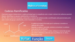 Cadeias Ramificadas
O primeiro passo é determinar a cadeia principal que é a sequência com o maior número de carbonos possível.
Depois, identifique os grupos substituintes e nomeie-os.
Por fim, dê o nome do composto, colocando o número do carbono onde a ramificação está posicionada junto
com o nome do grupo substituinte, entre travessões e no início.
1 2
3
4
5
6
4-etil-2-metilhexano
A cadeia principal é formada por 6 carbonos e envolve os
radicais etil e metil.
Quando a cadeia é saturada, comece a enumerar o carbono
mais perto da ramificação
No momento de colocar o nome, coloque o nome dos grupos
em ordem alfabética sabendo que os prefixos di, tri, tetra,...
Não entram nela.
metil
etil
Função
 