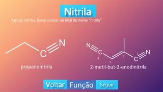 Função
Para as nitrilas, basta colocar no final do nome “nitrila”
propanonitrila 2-metil-but-2-enodinitrila
1
2
3
4
 