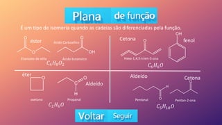 É um tipo de isomeria quando as cadeias são diferenciadas pela função.
éster Ácido Carboxílico
Etanoato de etila Ácido butanoico
𝐶4𝐻8𝑂2
𝐶2𝐻6𝑂
Propanal
oxetano
éter
Aldeído
Cetona fenol
𝐶6𝐻6𝑂
Cetona
Aldeído
Hexa-1,4,5-trien-3-ona
Pentanal Pentan-2-ona
𝐶5𝐻10𝑂
 