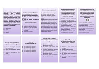 Fogos de artifício utilizam sais de
diferentes íons metálicos
misturados com um material
explosivo. Quando incendiados,
emitem diferentes colorações. Essas
cores são produzidas quando os
elétrons excitados dos íons
metálicos retornam para níveis de
menor energia. O modelo atômico
mais adequado para explicar esse
fenômeno é o modelo de:
a) Rutherford.
b) Bohr.
c) Thomson.
d) Dalton.
Considere as informações abaixo:
I.Em um subnível d há 7 orbitais.
II. Em um subnível p há 3 orbitais.
III. Em um orbital s cabem 2
elétrons.
IV. Em um orbital p cabem 6
elétrons.
Quanto a tais afirmações:
a) Apenas a II é correta.
b) Apenas a I e II são corretas.
c) Apenas a II e III são corretas.
d) Apenas a II, a III e a IV são
corretas.
e) Todas são corretas.
Determine a afirmação errada:
I) A Lei de Lavoisier (conservação
das massas) e a Lei de Proust
(Proporções Definidas) serviram
de base para a teoria atômica de
Dalton.
II) A descoberta das partícula alfa foi
de fundamental importância para a
descoberta do núcleo nos átomos.
III) Foi interpretando o espectro de
linhas que Bohr propôs a existência
de estados estacionários no átomo.
IV) Quando o elétron de um átomo
salta de uma camada mais externa
para outra mais próximo do núcleo,
há emissão de energia.
As diferentes propostas para o
modelo atômico sofreram
modificações que estão citadas
cronologicamente. Qual das
associações entre o autor e o
modelo está incorreta?
a) DALTON: partículas indivisíveis,
indestrutíveis e imperecíveis.
b) THOMSON: esfera positiva com
cargas negativas internas.
c) RUTHERFORD: átomo nuclear
com elétrons externos.
d) BOHR: o modelo de Rutherford,
com elétrons em orbitais (=
caráter ondulatório).
e) DE BROGLIE: elétron com a
concepção onda-partícula.
a) Baixa velocidade do elétron.
b) Impossibilidade de se definir a
trajetória do elétron.
c) Movimento circular do elétron.
d) Presença de muitos elétrons no
átomo neutro.
e) Proporção dos tamanhos dos
prótons e dos elétrons.
Qual dos casos a seguir é um
exemplo de onda eletromagnética?
a) Barulho gerado pela colisão de
dois automóveis.
b) Ondas na superfície da água no
mar.
c) Ondas se propagando numa
corda.
d) Luz visível.
O cátion Ca2+
(Z=20) é constituído por:
a) 20 prótons e 18 elétrons.
b) 18 prótons e 20 elétrons.
c) 20 prótons e 18 nêutrons.
d) 18 prótons e 20 nêutrons.
e) 20 prótons e 20 nêutrons.
Qual das frases é a melhor
interpretação para a representação
5s¹?
a) O subnível s do primeiro nível
apresenta 5 elétrons.
b) O subnível s do quinto nível
apresenta 1 elétron.
c) O quinto subnível do primeiro
nível apresenta s elétrons.
d) O nível s do quinto subnível
apresenta 1 elétron.
e) O primeiro nível do subnível s
apresenta 5 elétrons.
As espécies Fe2+ e Fe3+, provenientes
de isótopos distintos de ferro,
diferem entre si, quanto ao
número:
a) Atômico e aos número de
oxidação.
b) Atômico e ao raio iônico.
c) De prótons e ao número de
elétrons.
d) De elétrons e ao número de
nêutrons.
e) De prótons e ao número de
nêutrons.
Considere a representação do
átomo de hidrogênio mostrada a
seguir. Ela pretende evidenciar
uma característica do modelo
atômico atual. Marque a
alternativa que apresenta essa
característica.
 