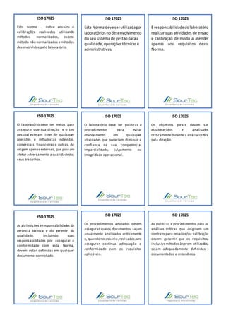 ISO 17025
Esta norma … cobre ensaios e
calibrações realizados utilizando
métodos normalizados, exceto
método não normalizados emétodos
desenvolvidos pelo laboratório.
ISO 17025
Esta Norma deve serutilizadapor
laboratóriosnodesenvolvimento
do seusistemade gestãoparaa
qualidade,operaçõestécnicase
administrativas.
ISO 17025
É responsabilidadedolaboratório
realizar suas atividades de ensaio
e calibração de modo a atender
apenas aos requisitos desta
Norma.
ISO 17025
O laboratório deve ter meios para
assegurar que sua direção e o seu
pessoal estejam livres de quaisquer
pressões e influências indevidas,
comerciais, financeiras e outras, de
origem apenas externas, que possam
afetar adversamente a qualidadedos
seus trabalhos.
ISO 17025
O laboratório deve ter políticas e
procedimentos para evitar
envolvimento em quaisquer
atividades que poderiam diminuir a
confiança na sua competência,
imparcialidade, julgamento ou
integridade operacional.
ISO 17025
Os objetivos gerais devem ser
estabelecidos e analisados
criticamentedurante a análisecrítica
pela direção.
ISO 17025
As atribuições eresponsabilidades da
gerência técnica e do gerente da
qualidade, incluindo suas
responsabilidades por assegurar a
conformidade com esta Norma,
devem estar definidas em qualquer
documento controlado.
ISO 17025
Os procedimentos adotados devem
assegurar que os documentos sejam
anualmente analisados criticamente
e, quando necessário ,revisadospara
assegurar contínua adequação e
conformidade com os requisitos
aplicáveis.
ISO 17025
As políticas e procedimentos para as
análises críticas que originem um
contrato para ensaio e/ou calibração
devem garantir que os requisitos,
inclusivemétodos à serem utilizados,
sejam adequadamente definidos ,
documentados e entendidos.
 
