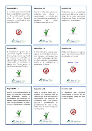 Requisito4.4.5
Se o contrato precisar ser modificado
depois deo trabalho ter sido iniciado,
não é necessário repetir a análise
crítica do contrato, bastando
comunicar a modificação a todo
pessoal envolvido.
Requisito4.5.2
Quando o laboratório subcontrata
trabalhos, deve informar a
subcontratação ao cliente, por
escrito e, quando apropriado,obter a
aprovação do cliente,
preferenciamente por escrito.
Requisito4.6
O laboratório deveter uma política e
procedimento (S) para a seleção e
compra de serviços e suprimentos
utilizados que afetam a qualidade
dos ensaios e ou calibrações.
Requisito4.6.2
O laboratório deve garantir que os
suprimentos, reagentes e materiais
de consumo que afetem a qualidade
dos ensaios e cou calibrações não
sejamutilizados atéque tenham sido
inspecionados ou verificados de
alguma outra forma, quanto ao
atendimento das especificações...
Requisito4.7.2
O laboratório deve procurar obter
apenas realimentação positiva dos
seus clientes. A realimentação deve
ser usada e analisada paraaprimorar
o sistema degestão , as atividades de
ensaio e a calibração e o
atendimento ao cliente.
Requisito4.8
O laboratório deve manter registros
apenas das reclamações que forem
consideradas pertinentes.
Avance 2 casas
Requisito4.9.1 c
Relativo ao controle de trabalhos de
ensaio não conforme, o laboratório
deve estabelecer políticas e
procedimentos que garanta que seja
efetuada imediatamente a correção,
junto com qualquer decisão sobre a
aceitação do trabalho não conforme.
Requisito4.9.2
Onde a avaliação indicar que o
trabalho não conforme pode se
repetir ou que existe dúvidas sobrea
conformidade das operações do
laboratório com suas próprias
políticas e procedimentos, os
procedimentos de ação corretiva
dados em 4.11 devem ser seguidos
imediatamente.
Requisito4.10
O laboratório deve aprimorar
continuamente a eficácia do seu
sistema de gestão apenas por meio
da análise crítica.
 