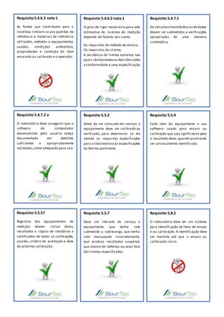 Requisito5.4.6.3 nota 1
As fontes que contribuem para a
incerteza limitam-se aos padrões de
referência e materiais de referência
utilizados, métodos e equipamentos
usados, condições ambientais,
propriedades e condição do item
ensaiado ou calibrado e o operador.
Requisito 5.4.6.2 nota 1
O grau de rigor necessário para uma
estimativa de incereza de medição
depende de fatores tais como:
Os requisitos do método de ensaio;
Os requisitos do cliente;
A existência de limites estreitos nos
quais são baseadasas decisõessobre
a conformidade a uma especificação.
Requisito 5.4.7.1
Os cálculosetransferênciasdedados
devem ser submetidos a verificações
apropriadas de uma maneira
sistemática.
Requisito 5.4.7.2 a
O laboratório deve assegurar que o
software de computador
desenvolvido pelo usuário esteja
documentado em detalhes
suficientes e apropriadamente
validados,como adequado para uso.
Requisito 5.5.2
Antes de ser colocado em serviço, o
equipamento deve ser calibrado ou
verificado, para determinar se ele
atende os requisitos especificados
para o laboratório eàs especificações
da Norma pertinente.
Requisito 5.5.4
Cada item do equipamento e seu
software usado para ensaio ou
calibração que seja sgnificativo para
o resultado deve, quando praticável,
ser univocamente identificado.
Requisito 5.5.5 f
Registros dos equipamentos de
medição devem incluir datas,
resultados e cópias de relatórios e
certificados de todas as calibrações,
ajustes, critério de aceitação e data
da próxima calibração.
Requisito 5.5.7
Deve ser retirado de serviço o
equipamento que tenha sido
submetido a sobrecarga, que tenha
sido manuseado incorretamente,
que produza resultados suspeitos,
que mostre ter defeitos ou estar fora
dos limites especificados.
Requisito 5.8.2
O laboratório deve ter um sistema
para identificação de itens de ensaio
e ou calibração. A identificação deve
ser mantida até que o ensaio ou
calibração inicie.
 