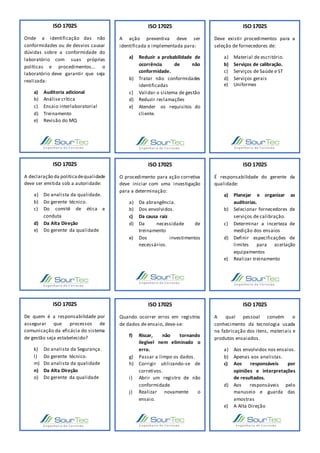 ISO 17025
Onde a identificação das não
conformidades ou de desvios causar
dúvidas sobre a conformidade do
laboratório com suas próprias
políticas e procedimentos... o
laboratório deve garantir que seja
realizada:
a) Auditoria adicional
b) Análise crítica
c) Ensaio interlaboratorial
d) Treinamento
e) Revisão do MQ
ISO 17025
A ação preventiva deve ser
identificada e implementada para:
a) Reduzir a probabilidade de
ocorrência de não
conformidade.
b) Tratar não conformidades
identificadas
c) Validar o sistema de gestão
d) Reduzir reclamações
e) Atender os requisitos do
cliente.
ISO 17025
Deve existir procedimentos para a
seleção de fornecedores de:
a) Material de escritório.
b) Serviços de calibração.
c) Serviços de Saúde e ST
d) Serviços gerais
e) Uniformes
ISO 17025
A declaração da políticadequalidade
deve ser emitida sob a autoridade:
a) Do analista da qualidade.
b) Do gerente técnico.
c) Do comitê de ética e
conduta
d) Da Alta Direção
e) Do gerente da qualidade
ISO 17025
O procedimento para ação corretiva
deve iniciar com uma investigação
para a determinação:
a) Da abrangência.
b) Dos envolvidos.
c) Da causa raiz
d) Da necessidade de
treinamento
e) Dos investimentos
necessários.
ISO 17025
É responsabilidade do gerente da
qualidade:
a) Planejar e organizar as
auditorias.
b) Selecionar fornecedores de
serviços de calibração.
c) Determinar a incerteza de
medição dos ensaios
d) Definir especificações de
limites para aceitação
equipamentos
e) Realizar treinamento
ISO 17025
De quem é a responsabilidade por
assegurar que processos de
comunicação da eficácia do sistema
de gestão seja estabelecido?
k) Do analista da Segurança.
l) Do gerente técnico.
m) Do analista da qualidade
n) Da Alta Direção
o) Do gerente da qualidade
ISO 17025
Quando ocorrer erros em registros
de dados de ensaio, deve-se:
f) Riscar, não tornando
ilegível nem eliminado o
erro.
g) Passar a limpo os dados.
h) Corrigir utilizando-se de
corretivos.
i) Abrir um registro de não
conformidade
j) Realizar novamente o
ensaio.
ISO 17025
A qual pessoal convém o
conhecimento da tecnologia usada
na fabricação dos itens, materiais e
produtos ensaiados.
a) Aos envolvidos nos ensaios.
b) Apenas aos analistas.
c) Aos responsáveis por
opiniões e interpretações
de resultados.
d) Aos responsáveis pelo
manuseio e guarda das
amostras
e) A Alta Direção
 