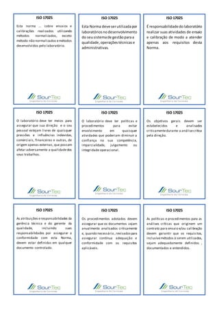 ISO 17025
Esta norma … cobre ensaios e
calibrações realizados utilizando
métodos normalizados, exceto
método não normalizados emétodos
desenvolvidos pelo laboratório.
ISO 17025
Esta Norma deve serutilizadapor
laboratóriosnodesenvolvimento
do seusistemade gestãoparaa
qualidade,operações técnicase
administrativas.
ISO 17025
É responsabilidadedolaboratório
realizar suas atividades de ensaio
e calibração de modo a atender
apenas aos requisitos desta
Norma.
ISO 17025
O laboratório deve ter meios para
assegurar que sua direção e o seu
pessoal estejam livres de quaisquer
pressões e influências indevidas,
comerciais, financeiras e outras, de
origem apenas externas, que possam
afetar adversamente a qualidadedos
seus trabalhos.
ISO 17025
O laboratório deve ter políticas e
procedimentos para evitar
envolvimento em quaisquer
atividades que poderiam diminuir a
confiança na sua competência,
imparcialidade, julgamento ou
integridade operacional.
ISO 17025
Os objetivos gerais devem ser
estabelecidos e analisados
criticamentedurante a análisecrítica
pela direção.
ISO 17025
As atribuições eresponsabilidades da
gerência técnica e do gerente da
qualidade, incluindo suas
responsabilidades por assegurar a
conformidade com esta Norma,
devem estar definidas em qualquer
documento controlado.
ISO 17025
Os procedimentos adotados devem
assegurar que os documentos sejam
anualmente analisados criticamente
e, quando necessário ,revisadospara
assegurar contínua adequação e
conformidade com os requisitos
aplicáveis.
ISO 17025
As políticas e procedimentos para as
análises críticas que originem um
contrato para ensaio e/ou calibração
devem garantir que os requisitos,
inclusivemétodos à serem utilizados,
sejam adequadamente definidos ,
documentados e entendidos.
 