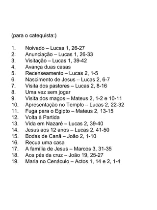 (para o catequista:)Noivado – Lucas 1, 26-27Anunciação – Lucas 1, 26-33Visitação – Lucas 1, 39-42Avança duas casasRecenseamento – Lucas 2, 1-5Nascimento de Jesus – Lucas 2, 6-7Visita dos pastores – Lucas 2, 8-16Uma vez sem jogarVisita dos magos – Mateus 2, 1-2 e 10-11Apresentação no Templo – Lucas 2, 22-32Fuga para o Egipto – Mateus 2, 13-15Volta à PartidaVida em Nazaré – Lucas 2, 39-40Jesus aos 12 anos – Lucas 2, 41-50Bodas de Canã – João 2, 1-10Recua uma casaA família de Jesus – Marcos 3, 31-35Aos pés da cruz – João 19, 25-27Maria no Cenáculo – Actos 1, 14 e 2, 1-4