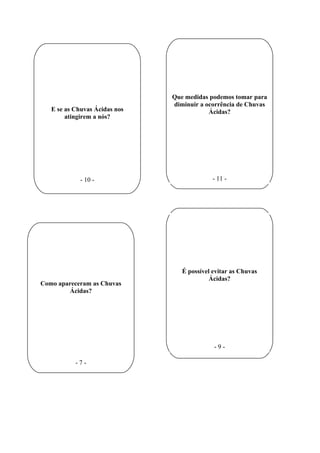 Que medidas podemos tomar para
                               diminuir a ocorrência de Chuvas
   E se as Chuvas Ácidas nos               Ácidas?
        atingirem a nós?




             - 10 -                          - 11 -




                                  É possível evitar as Chuvas
                                            Ácidas?
Como apareceram as Chuvas
        Ácidas?




                                             -9-

           -7-
 