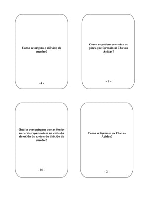Como se podem controlar os
  Como se origina o dióxido de      gases que formam as Chuvas
           enxofre?                            Ácidas?




                                               -8-
              -4-




Qual a percentagem que as fontes
naturais representam na emissão     Como se formam as Chuvas
do oxido de azoto e do dióxido de            Ácidas?
            enxofre?




              - 16 -
                                              -2-
 