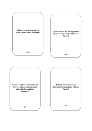 As Chuvas Ácidas aparecem
    sempre sob a forma de chuva?   Quais os locais em Portugal onde
                                   existe um maior índice de Chuvas
                                               Ácidas?




                 - 12 -
                                                - 13 -




Como se explica a ocorrência de       Existem monumentos em
 Chuvas Ácidas em zonas onde       Portugal afectados pelas Chuvas
   não existe formação de                      Ácidas?
         poluentes?




                                                - 15 -
             - 14 -
 