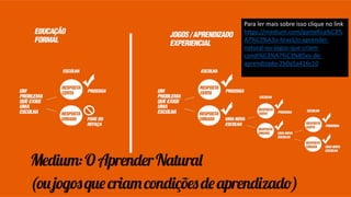 Para ler mais sobre isso clique no link
https://medium.com/gamefica%C3%
A7%C3%A3o-brasil/o-aprender-
natural-ou-jogos-que-criam-
condi%C3%A7%C3%B5es-de-
aprendizado-2b0a5a416c10
 
