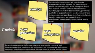 Sugerimos (em segredo com cada grupo) que as
estratégias estivessem pautadas em “além de tentar
ganhar” atrapalhar a jogada de um outro grupo. Isso foi
feito para que houvesse conflitos “não declarados”
durante o jogo. Na metade do experimento, permitimos
que todos os grupos olhassem o board dos adversários e
tentassem aprender algo. Quase todos ficaram indignados
do outro grupo querer que eles perdessem e
abandonaram suas estratégias para prejudicar o outro
grupo.
Conseguimos demonstrar de forma prática como uma questão emocional pode
influenciar as escolhas econômicas. Ao final do processo, em um debate, estimulamos
os alunos a entenderem os conceitos que tinham acabado de praticar durante o jogo.
 