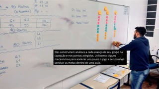 Eles construíram análises a cada avanço de seu grupo na
captação e nos pontos atingidos. Utilizamos alguns
mecanismos para acelerar um pouco o jogo e ser possível
concluir as metas dentro de uma aula.
 