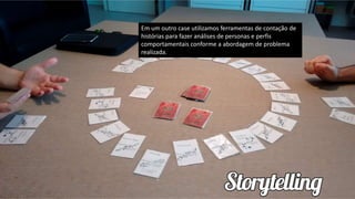 Em um outro case utilizamos ferramentas de contação de
histórias para fazer análises de personas e perfis
comportamentais conforme a abordagem de problema
realizada.
 