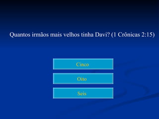 Quantos irmãos mais velhos tinha Davi? (1 Crônicas 2:15)



                         Cinco

                          Oito

                          Seis
 