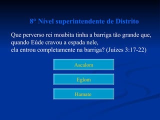 8° Nível superintendente de Distrito
Que perverso rei moabita tinha a barriga tão grande que,
quando Eúde cravou a espada nele,
ela entrou completamente na barriga? (Juízes 3:17-22)

                         Ascalom

                          Eglom

                         Hamate
 