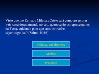 Visto que, no Reinado Milenar, Cristo terá como assessores
 reis-sacerdotes atuando no céu, quem serão os representantes
na Terra, cuidando para que suas instruções
sejam seguidas? (Salmo 45:16)


                      Dádivas em Homens

                            Anciões

                            Príncipes
 