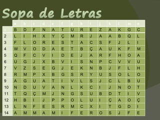 B D F N A T U R E Z A K G C L I H X Y Ç M R J A A B Q L F L O R E S T A C S F J L I W V O D A E T B Ç A U K F M Q F C V I D E J A R F H O A U G J X B V I S N P C V V U V Z S E G J E K N B J F L H R M P X B G S R Y U S O L O A G U A T I V L S J C L B U N D U V A N L K C I J N O T T Q Ç M J N G S U B D T I V H B I J P P O L U I Ç A O Ç L N F E S R M C X I T G D I A M M A M I F E R O S J F E 1 2 3 4 5 6 7 8 9 10 11 12 13 14 a b c d e f g h i j k l m n 