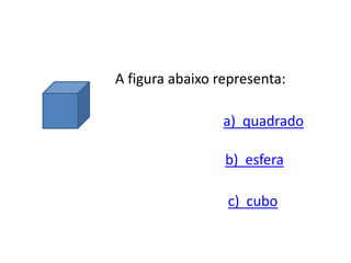 a) quadrado
A figura abaixo representa:
b) esfera
c) cubo
 