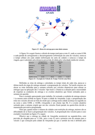 ANAIS
14/16
Figura 13 - Rotas de entrega para uma dada semana
A figura 14 a seguir ilustra o cálculo do tempo total para a rota #1, onde se soma 0:30h
a cada parada de carregamento e descarregamento (informação da carta do veículo), soma-se
o tempo urbano em cada cidade (informação da carta da cidade) e soma-se o tempo de
viagem, que é calculado pela distancia percorrida dividida pela velocidade média do veículo.
ROTA #1
carregamento e
descarregamento
tempo
urbano
distância
(km)
Catanduva 00:30 01:20 109
Barretos 00:30 01:20 136
Franca 00:30 01:10 90
Ribeirao Preto 00:30 01:30 132
Catanduva 00:30 467
TEMPO TOTAL 02:30 05:20 04:40 12:30 h
Figura 14 - Exemplo de Cálculo do Tempo Total de uma Rota
Definidas as rotas de entrega e calculados os tempo totais de cada rota, passa-se a
última tarefa da etapa de entrega semanal: a programação de veículos. Tal tarefa consiste em
alocar as rotas definidas para a semana corrente nos veículos disponíveis para efetuar as
entregas (que na aplicação são 2 veículos ‘tipo truck’). Chama-se a atenção para a necessidade
de respeitar as condições de entrega e os eventos aleatórios que foram sorteados para a
semana em questão.
Para o exemplo apresentado neste trabalho, foi sorteada a condição de entrega número
1 (a mesma carta exibida na figura 70 para a cidade de Araçatuba. Logo, a programação das
rotas nos veículos deverá ser feita de modo que a entrega nesta cidade aconteça na segunda ou
na sexta e entre 8:00h. e 14:00h. (Araçatuba é um cliente tipo B). E o evento aleatório
sorteado para a semana exigirá que um dos veículos ficará parado na quarta-feira devido a
manutenção preventiva programada.
Note que, quanto maior o número de cidades com restrições de entrega, maiores são as
dificuldades de se fazer a programação dos veículos. A programação dos veículos para o caso
exemplo é mostrado na figura 15 a seguir.
Observe que a entrega na cidade de Araçatuba acontecerá na segunda-feira, com
previsão de chegada para as 11:10h., pois a rota #2 será a primeira rota da semana para o
veículo 2 que começará pela cidade de Araçatuba (já que o sentido da rota é definido pelo
 