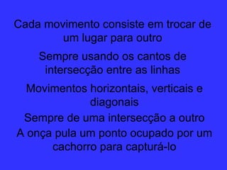 Cada movimento consiste em trocar de um lugar para outro Sempre usando os cantos de intersecção entre as linhas Movimentos horizontais, verticais e diagonais Sempre de uma intersecção a outro A onça pula um ponto ocupado por um cachorro para capturá-lo 