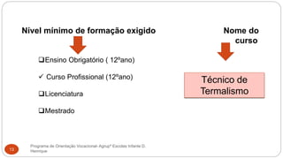 Programa de Orientação Vocacional- Agrupº Escolas Infante D.
Henrique13
Nível mínimo de formação exigido Nome do
curso
Ensino Obrigatório ( 12ºano)
 Curso Profissional (12ºano)
Licenciatura
Mestrado
Técnico de
Termalismo
 