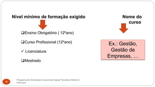 Programa de Orientação Vocacional- Agrupº Escolas Infante D.
Henrique16
Nível mínimo de formação exigido Nome do
curso
Ensino Obrigatório ( 12ºano)
Curso Profissional (12ºano)
 Licenciatura
Mestrado
Ex.: Gestão,
Gestão de
Empresas, …
 