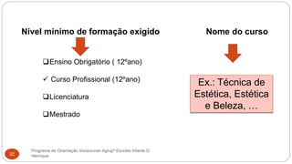 Programa de Orientação Vocacional- Agrupº Escolas Infante D.
Henrique22
Nível mínimo de formação exigido Nome do curso
Ensino Obrigatório ( 12ºano)
 Curso Profissional (12ºano)
Licenciatura
Mestrado
Ex.: Técnica de
Estética, Estética
e Beleza, …
 