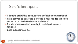 O profissional que…
Programa de Orientação Vocacional- Agrupº Escolas Infante D.
Henrique23
 Coordena programas de educação e aconselhamento alimentar.
 Faz o controlo da qualidade e procede à inspeção dos alimentos
no campo da higiene e segurança alimentar.
 Planeia ementas e otimiza a relação custo/qualidade das
refeições.
 Entre outras tarefas, é…
 