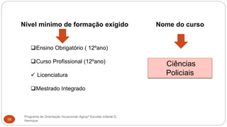 Programa de Orientação Vocacional- Agrupº Escolas Infante D.
Henrique28
Nível mínimo de formação exigido Nome do curso
Ensino Obrigatório ( 12ºano)
Curso Profissional (12ºano)
 Licenciatura
Mestrado Integrado
Ciências
Policiais
 