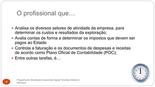 O profissional que…
Programa de Orientação Vocacional- Agrupº Escolas Infante D.
Henrique32
 Analisa os diversos setores de atividade da empresa, para
determinar os custos e resultados da exploração;
 Avalia contas de forma a determinar os impostos que devem ser
pagos ao Estado
 Controla a faturação e os documentos de despesas e receitas
de acordo como Plano Oficial de Contabilidade (POC);
 Entre outras tarefas, é…
 