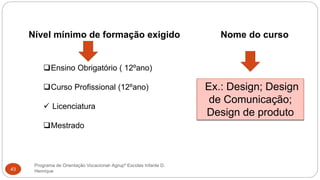 Programa de Orientação Vocacional- Agrupº Escolas Infante D.
Henrique43
Nível mínimo de formação exigido Nome do curso
Ensino Obrigatório ( 12ºano)
Curso Profissional (12ºano)
 Licenciatura
Mestrado
Ex.: Design; Design
de Comunicação;
Design de produto
 