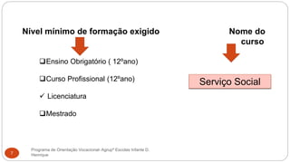 Programa de Orientação Vocacional- Agrupº Escolas Infante D.
Henrique7
Nível mínimo de formação exigido Nome do
curso
Ensino Obrigatório ( 12ºano)
Curso Profissional (12ºano)
 Licenciatura
Mestrado
Serviço Social
 