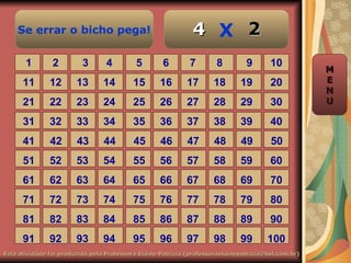 Se errar o bicho pega!                                    4 X 2
       1        2         3       4        5        6        7        8         9       10
                                                                                                     M
      11       12       13       14       15       16       17       18       19        20           E
                                                                                                     N
      21       22       23       24       25       26       27       28       29        30           U

      31       32       33       34       35       36       37       38       39        40
      41       42       43       44        45      46       47       48       49        50
      51       52       53       54       55       56       57       58       59        60
      61       62       63       64       65       66       67       68       69        70
      71       72       73       74       75       76       77       78       79        80
      81       82       83       84       85       86       87       88       89        90
      91       92       93       94       95       96       97       98       99       100
Esta atividade foi produzida pela Professora Elaine Patrícia (professoraelainepatricia@bol.com.br)
 