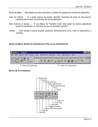 DELPHI - BÁSICO
Página: 3
Barra de Menu - Está abaixo da barra de título e contém as opções de controle do aplicativo.
Área do Cliente - É a parte interna da janela, também chamada de área do documento,
utilizada para inserir os controles da nossa aplicação.
Área Externa à Janela - É sua Mesa de Trabalho onde você pode ter tantos aplicativos
quantos necessitar e a memória do seu computador permitir.
Janela - Uma Janela é plena quando podemos dimensioná-la (mini, maxi e restaurá-la) e
movê-la.
BARRA DE MENU, BARRA DE FERRAMENTAS E PALETA DE COMPONENTES
Barra de Ferramentas
 