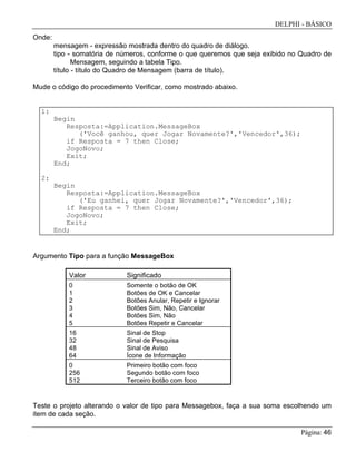 DELPHI - BÁSICO
Página: 46
Onde:
mensagem - expressão mostrada dentro do quadro de diálogo.
tipo - somatória de números, conforme o que queremos que seja exibido no Quadro de
Mensagem, seguindo a tabela Tipo.
título - título do Quadro de Mensagem (barra de título).
Mude o código do procedimento Verificar, como mostrado abaixo.
1:
Begin
Resposta:=Application.MessageBox
('Você ganhou, quer Jogar Novamente?','Vencedor',36);
if Resposta = 7 then Close;
JogoNovo;
Exit;
End;
2:
Begin
Resposta:=Application.MessageBox
('Eu ganhei, quer Jogar Novamente?','Vencedor',36);
if Resposta = 7 then Close;
JogoNovo;
Exit;
End;
Argumento Tipo para a função MessageBox
Valor Significado
0 Somente o botão de OK
1 Botões de OK e Cancelar
2 Botões Anular, Repetir e Ignorar
3 Botões Sim, Não, Cancelar
4 Botões Sim, Não
5 Botões Repetir e Cancelar
16 Sinal de Stop
32 Sinal de Pesquisa
48 Sinal de Aviso
64 Ícone de Informação
0 Primeiro botão com foco
256 Segundo botão com foco
512 Terceiro botão com foco
Teste o projeto alterando o valor de tipo para Messagebox, faça a sua soma escolhendo um
item de cada seção.
 