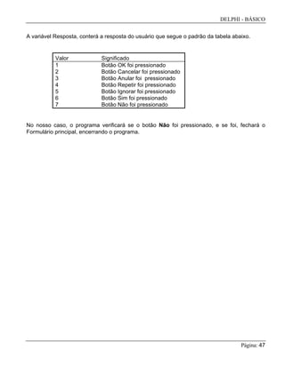 DELPHI - BÁSICO
Página: 47
A variável Resposta, conterá a resposta do usuário que segue o padrão da tabela abaixo.
Valor Significado
1 Botão OK foi pressionado
2 Botão Cancelar foi pressionado
3 Botão Anular foi pressionado
4 Botão Repetir foi pressionado
5 Botão Ignorar foi pressionado
6 Botão Sim foi pressionado
7 Botão Não foi pressionado
No nosso caso, o programa verificará se o botão Não foi pressionado, e se foi, fechará o
Formulário principal, encerrando o programa.
 