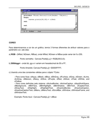 DELPHI - BÁSICO
Página: 65
CORES
Para determinarmos a cor de um gráfico, temos 3 formas diferentes de atribuir valores para o
parâmetro cor, são elas:
a) RGB - (NRed, NGreen, NBlue), onde NRed, NGreen e NBlue pode variar de 0 a 255.
Ponto vermelho: Canvas.Pixels[x,y,]:= RGB(255,0,0);
b) $00bbggrr - onde bb, gg e rr variam em hexadecimal de 00 a FF.
Ponto Amarelo: Canvas.Pixels[x,y]:= $0000FFFF;
c) Usando uma das constantes válidas para o objeto TColor.
- Para cores fixas :clAqua, clBlack, clBlue, clDkGray, clFuchsia, clGray, clGreen, clLime,
clLtGray, clMaroon, clNavy, clOlive, clPurple, clRed, clSilver, clTeal, clWhite, and
clYellow.
- Para cores definidas pelo sistema: clActiveBorder, clActiveCaption, clAppWorkSpace,
clBackground, clBtnFace, clBtnHighlight, clBtnShadow, clBtnText, clCaptionText,
clGrayText, clHighlight, clHighlightText, clInactiveBorder, clInactiveCaption,
clInactiveCaptionText, clMenu, clMenuText, clScrollBar, clWindow, clWindowFrame, and
clWindowText.
Exemplo: Ponto Azul - Canvas.Pixels[x,y]:= clBlue:
 