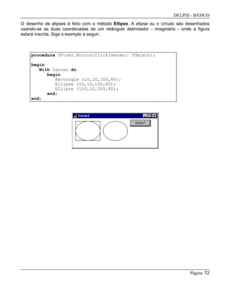 DELPHI - BÁSICO
Página: 72
O desenho de elipses é feito com o método Ellipse. A elipse ou o círculo são desenhados
usando-se as duas coordenadas de um retângulo delimitador - imaginário - onde a figura
estará inscrita. Siga o exemplo a seguir.
procedure TForm1.Button1Click(Sender: TObject);
begin
With Canvas do
begin
Rectangle (10,10,100,80);
Ellipse (10,10,100,80);
Ellipse (110,10,200,80);
end;
end;
 
