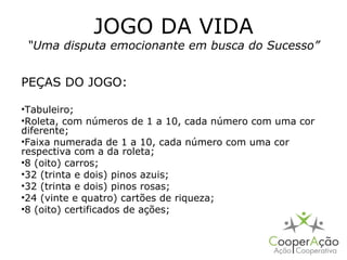 JOGO DA VIDA
 “Uma disputa emocionante em busca do Sucesso”


PEÇAS DO JOGO:

•Tabuleiro;
•Roleta, com números de 1 a 10, cada número com uma cor
diferente;
•Faixa numerada de 1 a 10, cada número com uma cor
respectiva com a da roleta;
•8 (oito) carros;
•32 (trinta e dois) pinos azuis;
•32 (trinta e dois) pinos rosas;
•24 (vinte e quatro) cartões de riqueza;
•8 (oito) certificados de ações;
 
