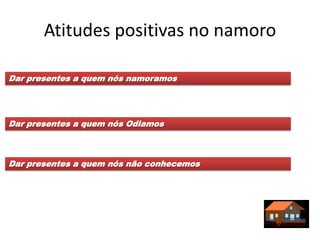 Atitudes positivas no namoro

Dar presentes a quem nós namoramos




Dar presentes a quem nós Odiamos



Dar presentes a quem nós não conhecemos
 