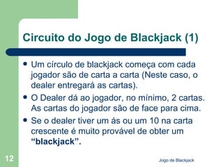 Circuito do Jogo de Blackjack (1) Um círculo de blackjack começa com cada jogador são de carta a carta (Neste caso, o dealer entregará as cartas). O Dealer dá ao jogador, no mínimo, 2 cartas. As cartas do jogador são de face para cima. Se o dealer tiver um ás ou um 10 na carta crescente é muito provável de obter um  “blackjack”.   Jogo de Blackjack 