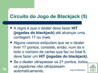 Circuito do Jogo de Blackjack (5) A regra é que o dealer deve fazer  HIT (jogadas do blackjack)  até alcançar uma contagem 17 ou mais. Alguns casinos estipulam que se o dealer tiver 17 pontos, consiste, então, num ás e todo o número de cartas que faz no total 6, deve fazer um  HIT (jogadas do blackjack). Se o dealer ultrapassar os 21 pontos, todos os jogadores não ultrapassam automaticamente. Jogo de Blackjack 