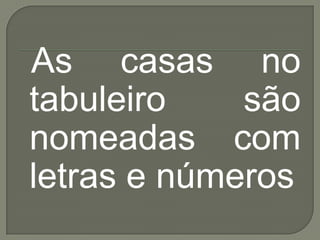 As casas no tabuleiro são nomeadas com letras e números