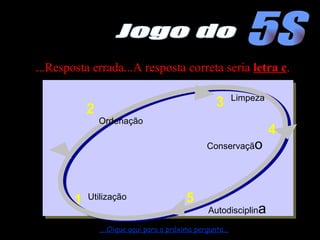 ...Resposta errada...A resposta correta seria  letra c . 2 1 5 4 Utilização Ordenação Limpeza Conservaçã o Autodisciplin a 3 ....Clique aqui para a próxima pergunta... 5S Jogo do 
