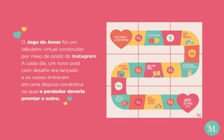 O Jogo do Amor foi um
tabuleiro virtual construído
por meio de posts do Instagram.
A cada dia, um novo post
com desafio era lançado
e os casais entravam
em uma disputa romântica
na qual o perdedor deveria
premiar o outro.
 