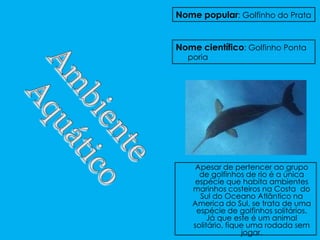Nome popular: Golfinho do Prata


Nome científico: Golfinho Ponta
  poria




    Apesar de pertencer ao grupo
     de golfinhos de rio é a única
    espécie que habita ambientes
   marinhos costeiros na Costa do
     Sul do Oceano Atlântico na
   America do Sul, se trata de uma
    espécie de golfinhos solitários.
        Já que este é um animal
   solitário, fique uma rodada sem
                  jogar.
 